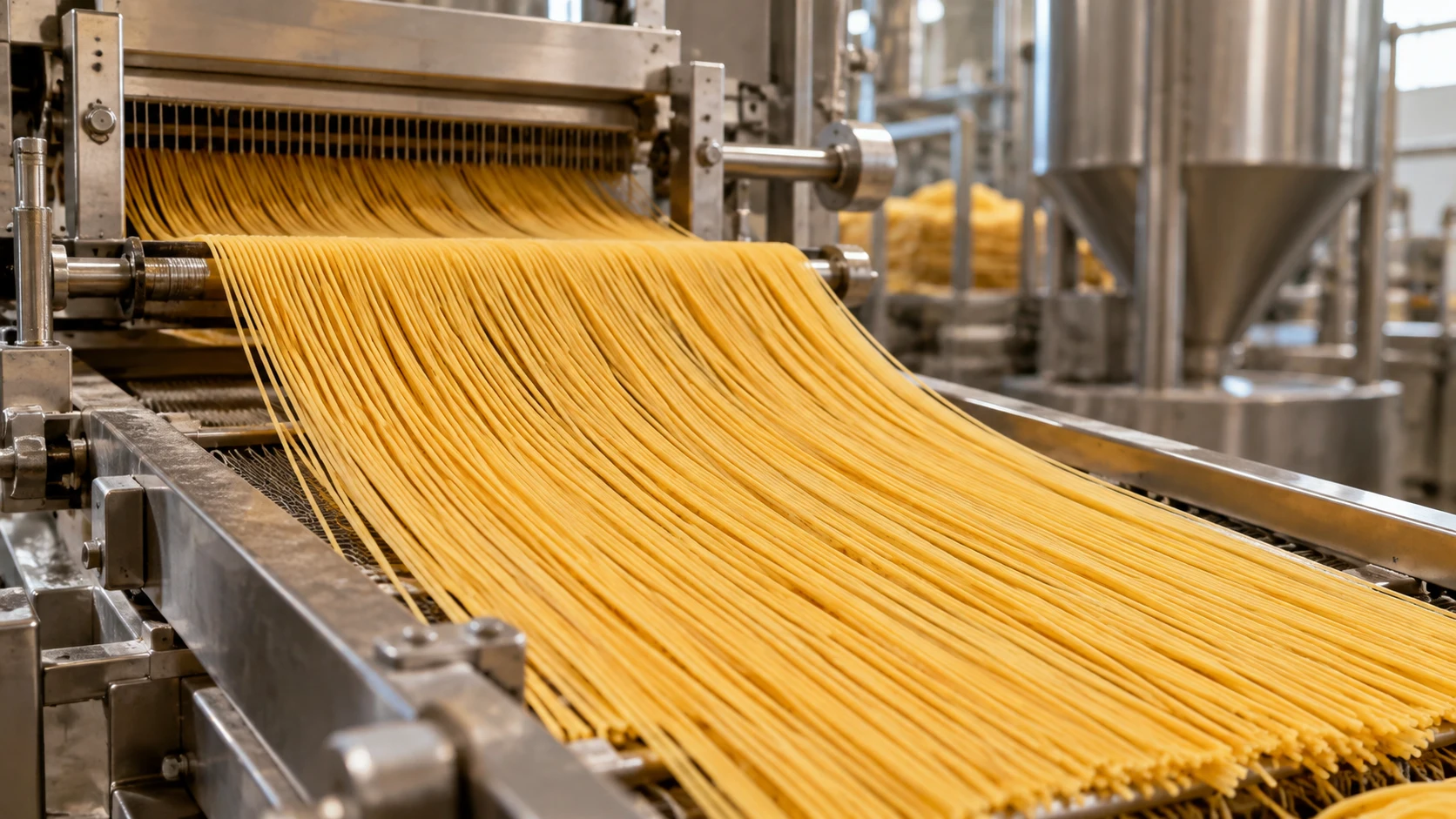 Dry pasta on an industrial production line, representing the DZF manufacturing proposal
