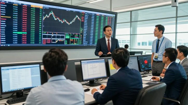 A finance team working with market information