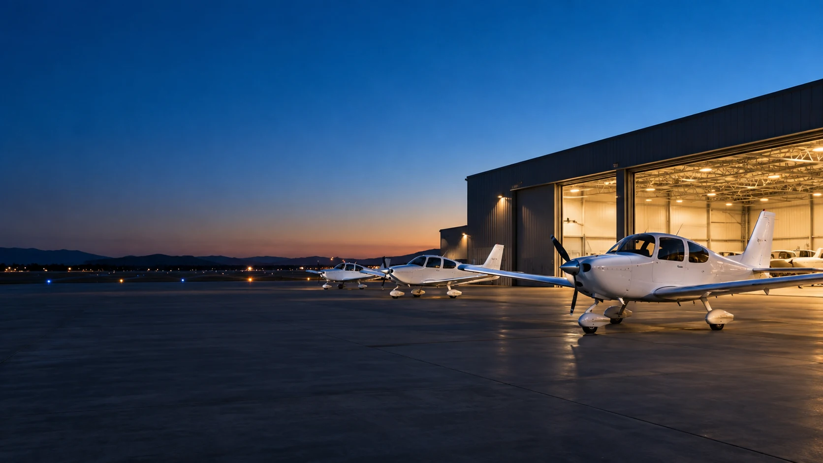 Representative training aircraft on an airport apron at blue hour