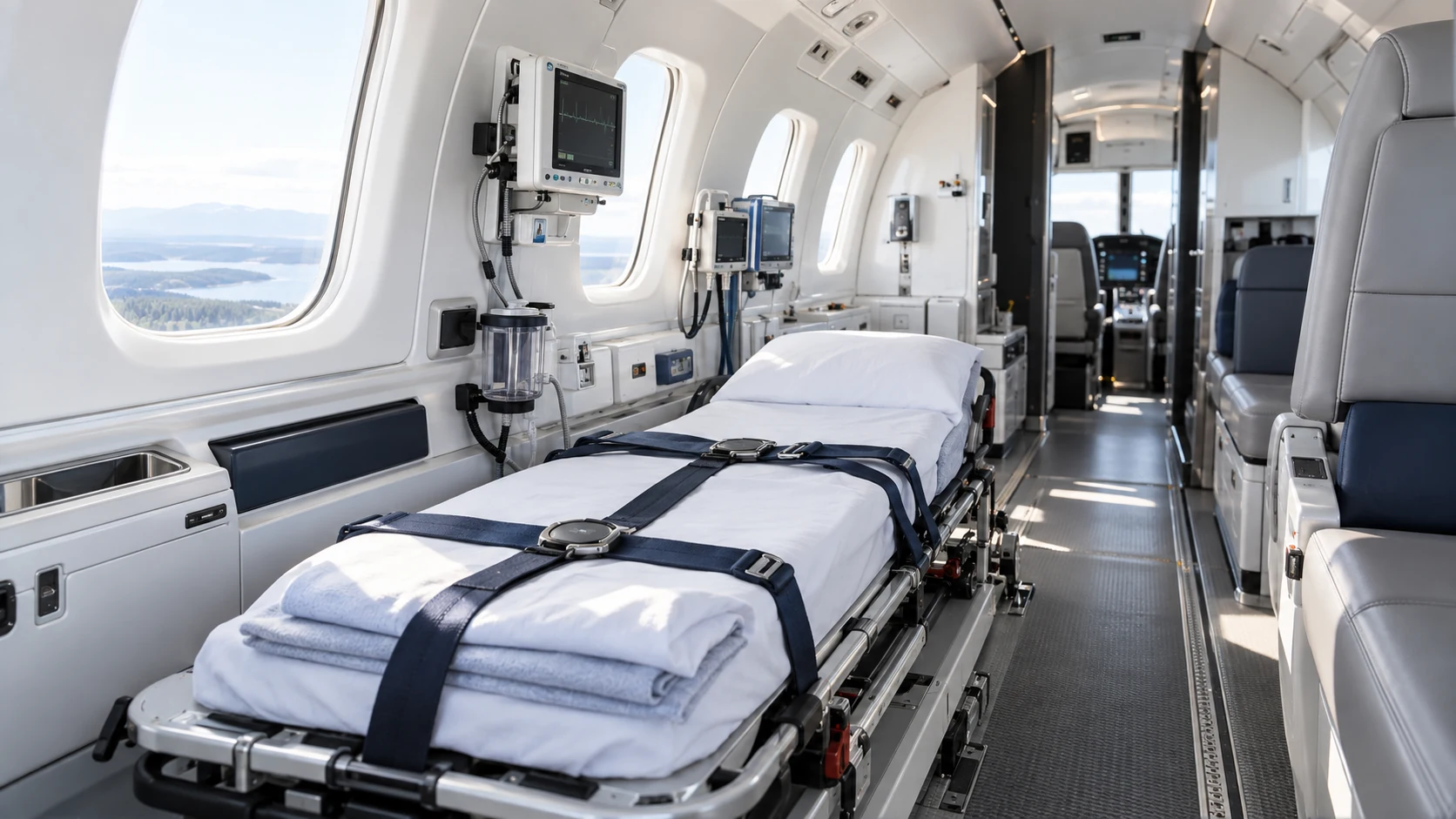 Concept image of an air ambulance cabin with a stretcher and medical equipment