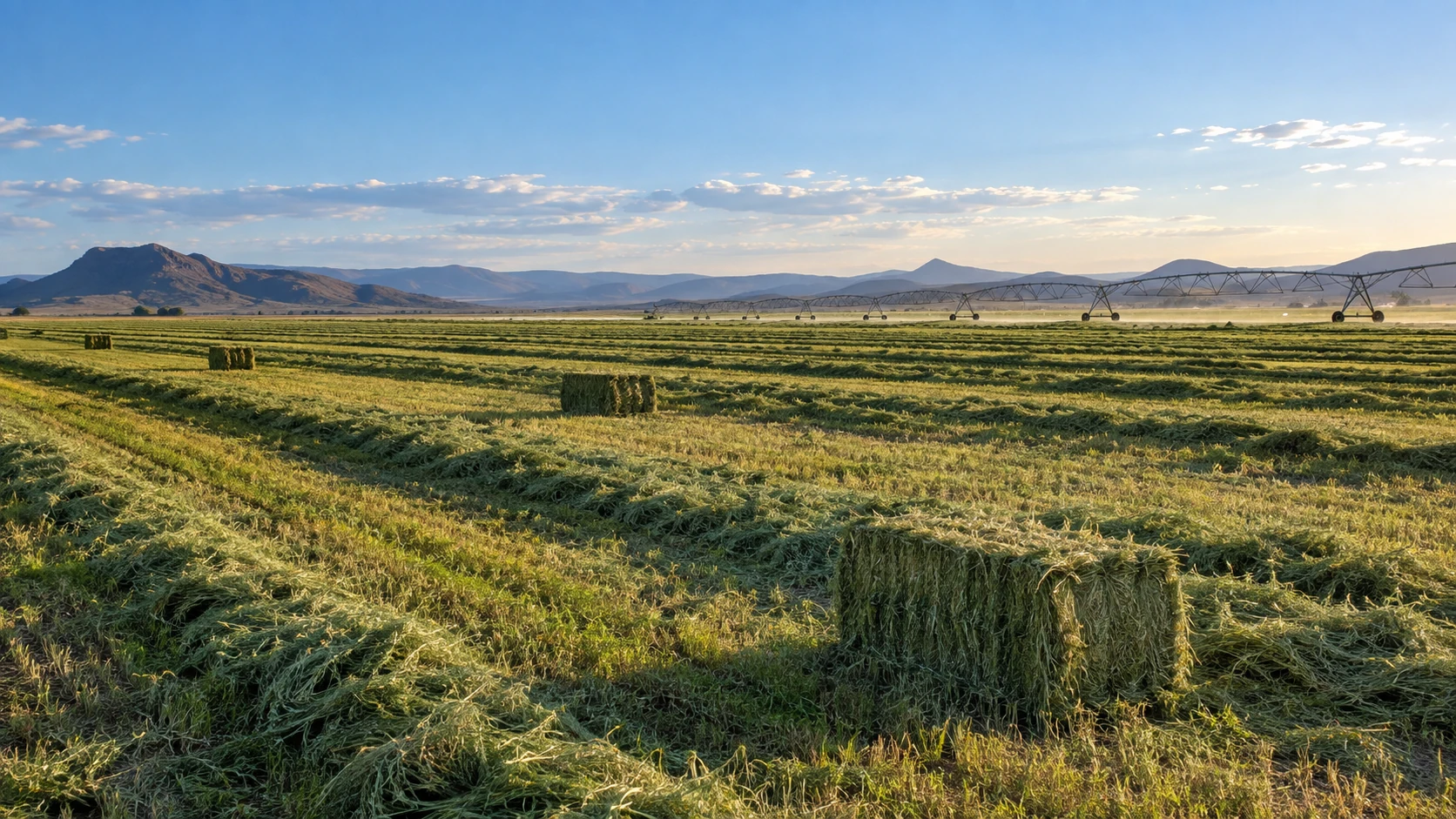 Representative lucerne hay bales on a commercial farm with irrigation in the distance