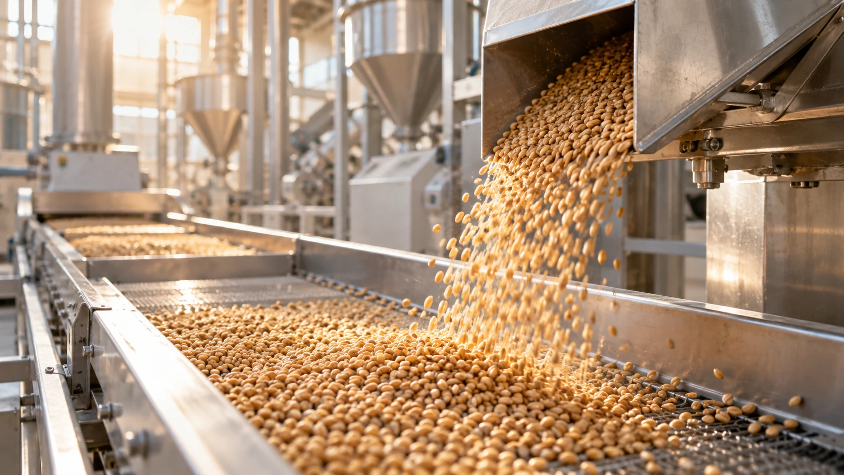 Representative wheat grains moving through a modern industrial milling line