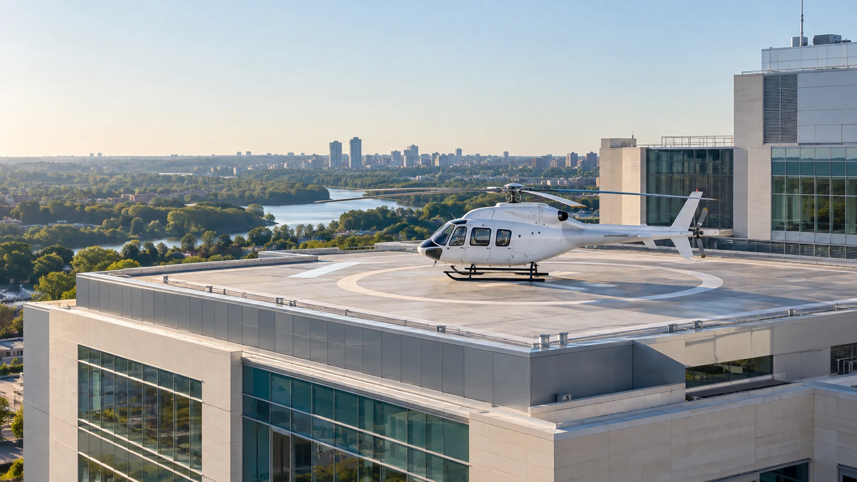 Concept image of a medical helicopter on a modern hospital rooftop