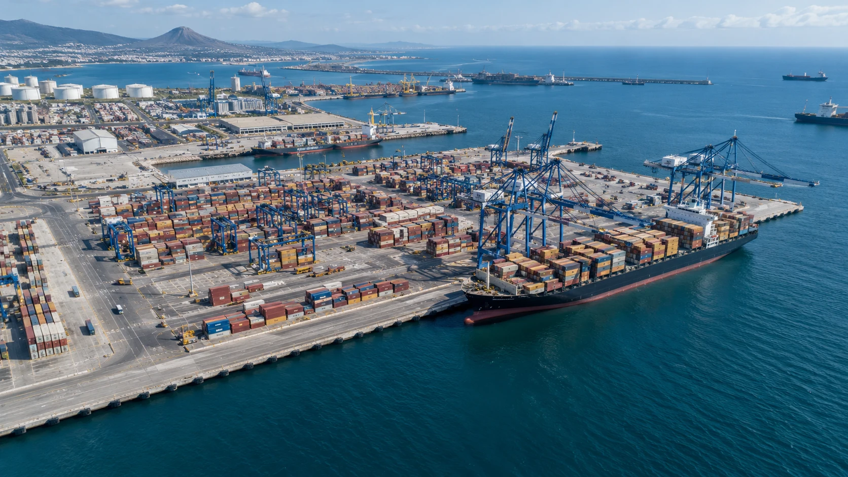An aerial view of a major port and container logistics on the African coast