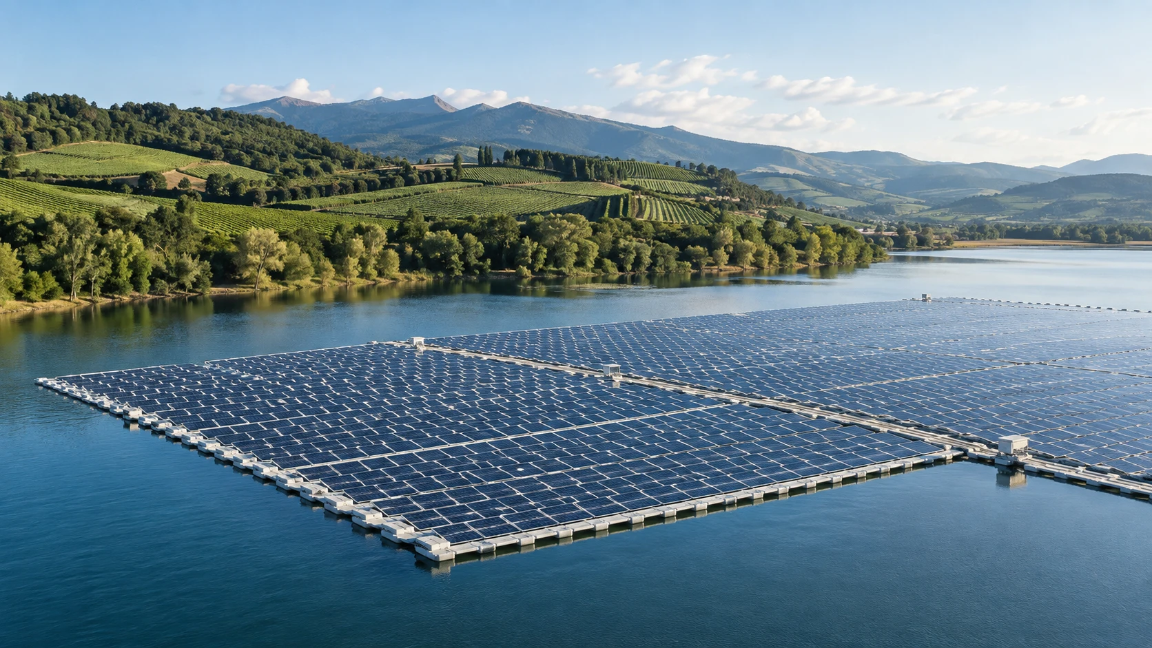Floating solar panels on a reservoir near productive land