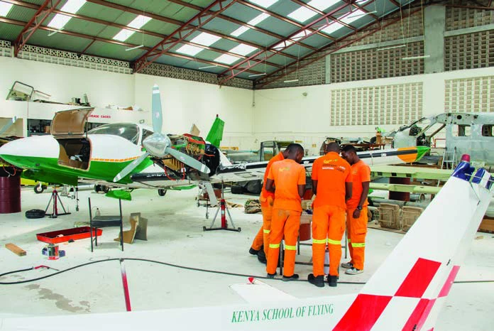 Aircraft training and technical instruction inside a hangar