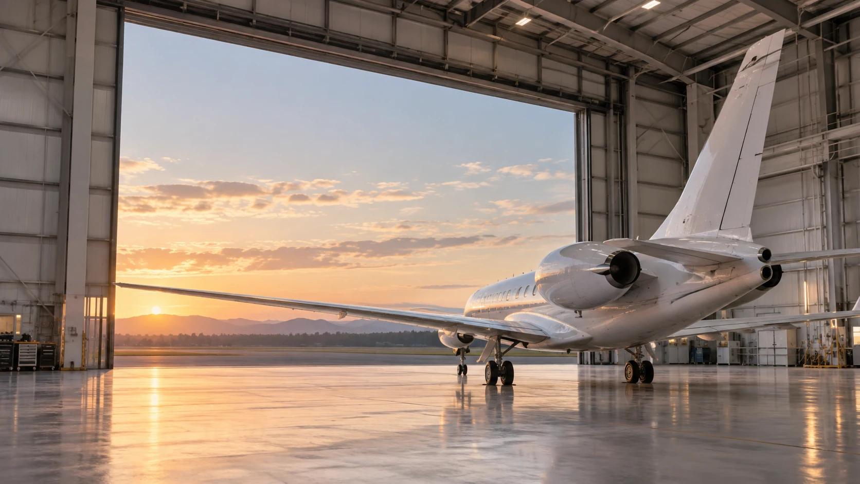 A white aircraft inside a monumental hangar at dawn